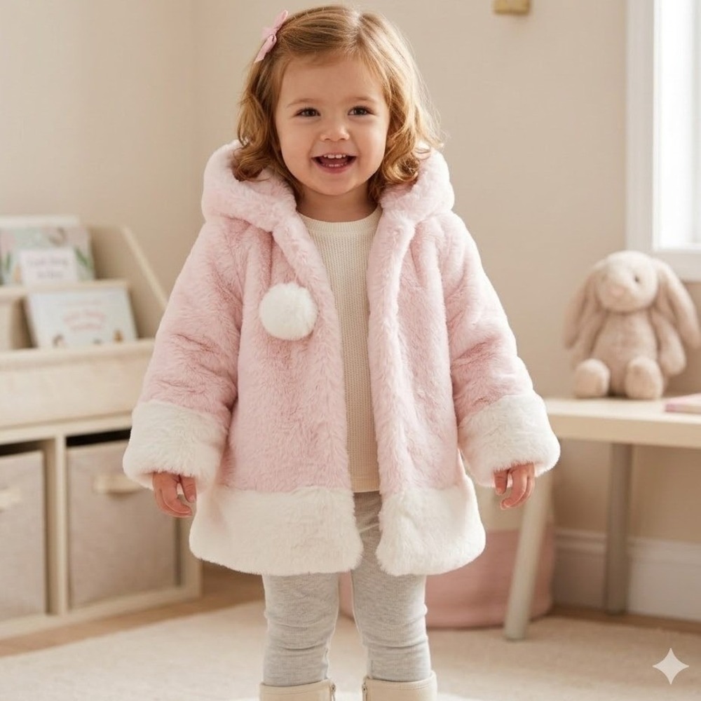 American Widgeon Girls Pink White Faux Fur Hooded Coat Jacket Size 2 Snap Front
